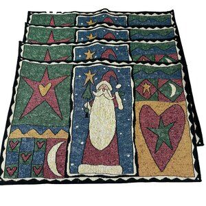 Christmas Set of 4 Holiday Placemats Tapestry Woven Santa Claus Star Heart